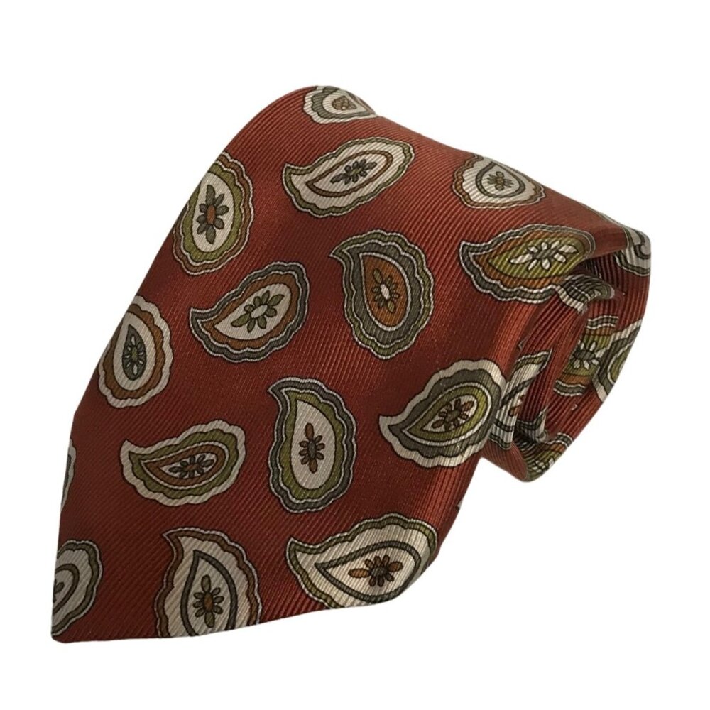 Harry Rosen Tie Mens 100% Silk Paisley Rust Orange & Olive Green Canada Necktie